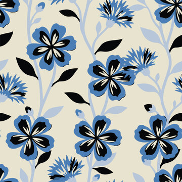 Elegant retro chintz seamless background featuring hand drawn blue wild flowers and dark leaves for luxury fashion textile, apparel, wallpaper.