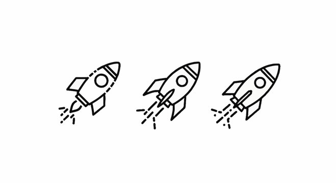 Three stylized rockets ascending in simple line art design.