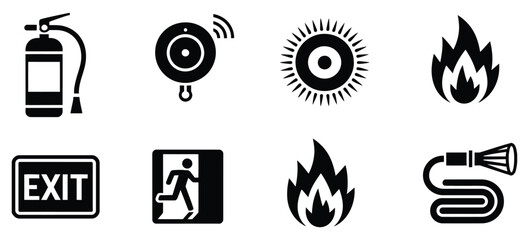 Fire safety and prevention glyph icon set vector pictograms featuring fire extinguisher, smoke alarm, emergency exit sign, water hose, and black silhouette illustration for hazard control, emergency  © Mizu Ahmed 3