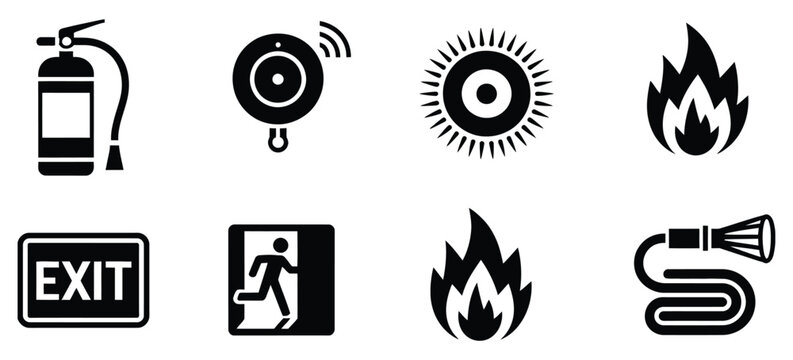 Fire safety and prevention glyph icon set vector pictograms featuring fire extinguisher, smoke alarm, emergency exit sign, water hose, and black silhouette illustration for hazard control, emergency 