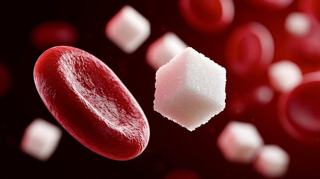 Red blood cell and sugar cube in bloodstream illustrating diabetes