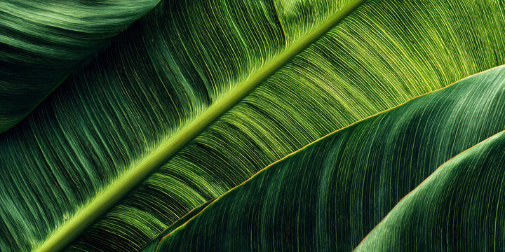 Green Banana Leaf with Veins and Lines Texture Close Up