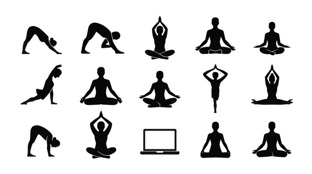 Set of 15 Black Yoga Poses and Laptop Icons Vector