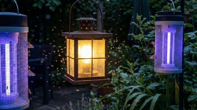 Outdoor garden lanterns glow at dusk, warm candlelight contrasts with cool purple bug zappers, calm evening mood for patio lighting and summer backyard ambiance