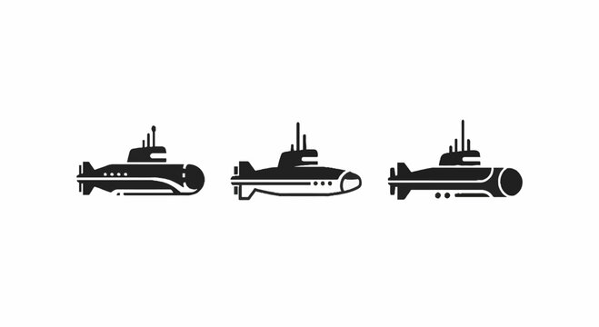 Three black silhouette submarine vector illustrations side by side.