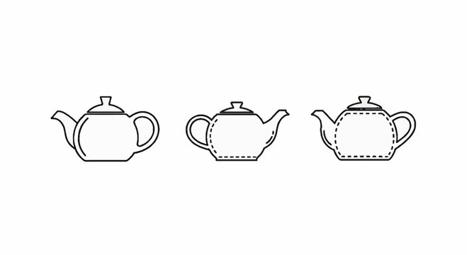 Three classic teapot line art illustrations in different styles.