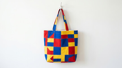 Fototapeta premium A vibrant, geometric tote bag featuring bold colors of blue, red, and yellow, hanging against a plain white wall.