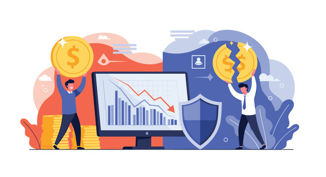 Financial crisis concept with people trying to protect their investments while market charts show a significant decline in value.