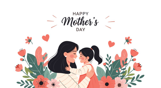 Mother and her young daughter hugging affectionately surrounded by a beautiful frame of pink and orange summer flowers.