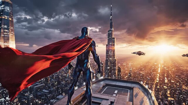 Hero overlooking cityscape at sunset with flying drones and dramatic sky transition