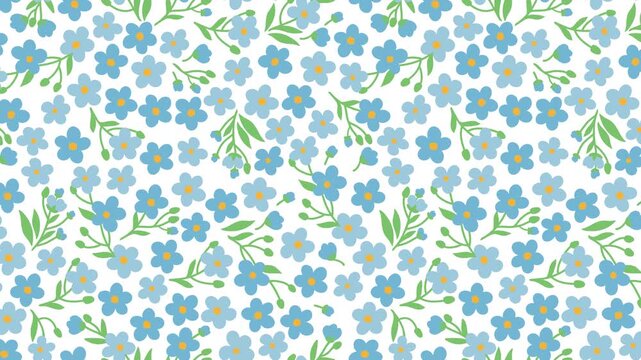 Animation of blue forget-me-not flowers pattern with slender green stems on white background, minimal meadow botanical loop background