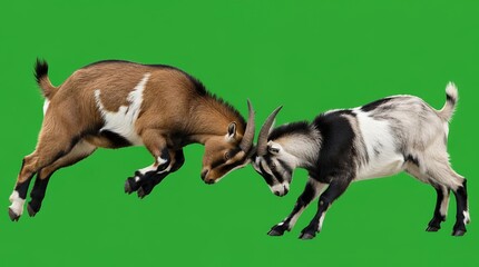 Fototapeta premium Two Domestic Goats Fighting with Horns on Green Screen, Jumping and Standing Livestock Interaction, Animal Behavior Concept