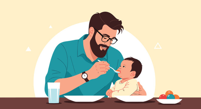 Caring father with a beard and glasses carefully feeding his infant baby with a spoon during mealtime at the kitchen table.