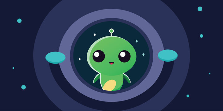 Cute green alien character smiling inside circular spaceship window porthole with starry outer space background in flat vector cartoon style featuring glowing planetary shapes and twinkling stars.
