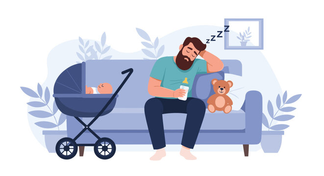 Tired father with a beard sleeping on a sofa while holding a baby bottle, with his infant sleeping in a stroller nearby.