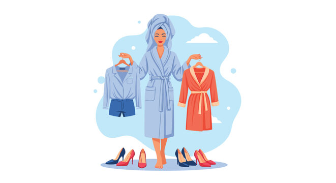 Young woman in a white bathrobe and head towel holding two different outfit options while deciding what to wear for the day.