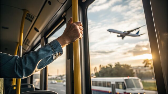 A person holds a pole inside a bus while an airplane flies outside the window during sunset, with vehicles visible on the road below.