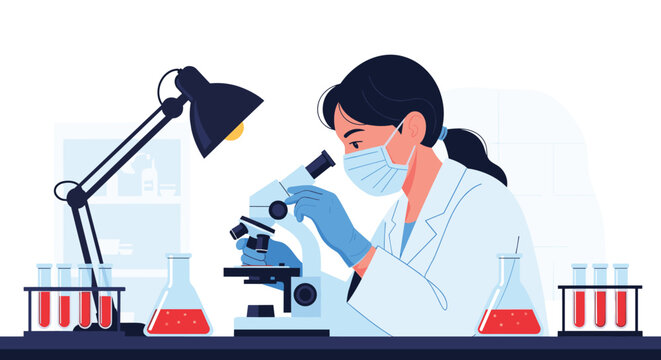 Professional female scientist wearing a face mask and gloves using a microscope to examine samples in a modern medical laboratory.