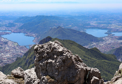Panoramic aerial view of Lake Como and Alpine mountains from top of Grigna Meridionale in northern Italy
