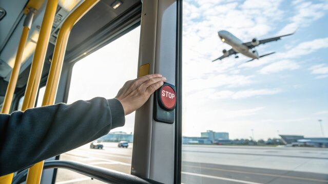 A person presses the stop button inside a bus with a plane flying overhead near an airport runway under a partly cloudy sky.