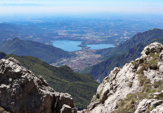 Panoramic aerial view of Lake Como and Alpine mountains from top of Grigna Meridionale in northern Italy
