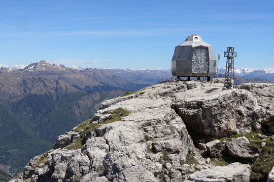 Panoramic aerial view of Lake Como and Alpine mountains from top of Grigna Meridionale in northern Italy