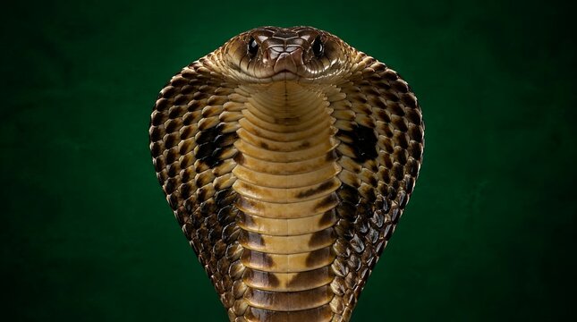 Majestic King Cobra Snake Portrait with Spread Hood and Detailed Scales on Dark Green Background