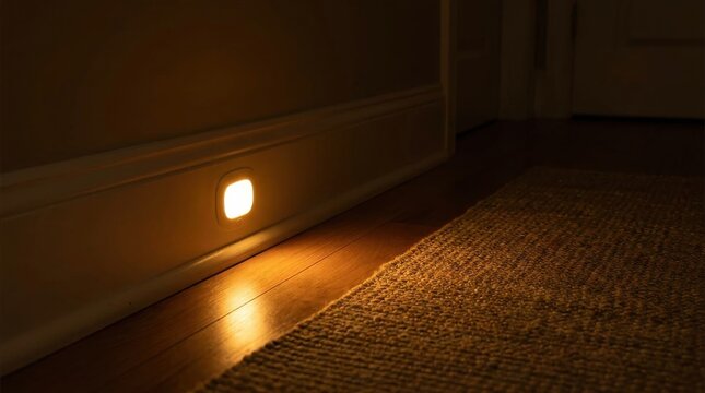 Gentle warm light from a discreet nightlight illuminates a carpeted floor near a wall in a dark room