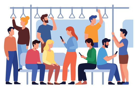 Diverse group of people standing and sitting inside a public transport vehicle like a train or bus using smartphones to commute.