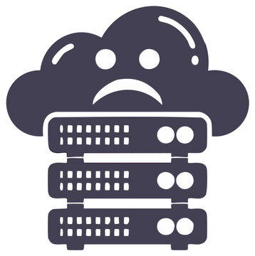 Sad face cloud icon above stacked server racks symbolizing cloud computing failure