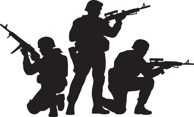 Fototapeta premium Soldier silhouettes with rifles in various poses military. logo Vector Black silhouettes