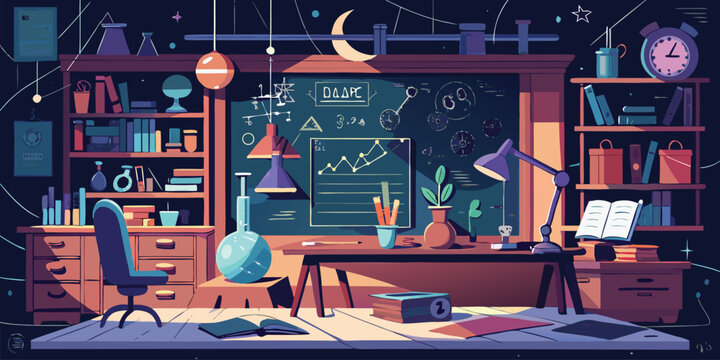 Creative artist studio and science office with wooden desk blue armchair chalkboard with graphs and starry night sky background in bright stylized vector landscape of modern workspace environment.