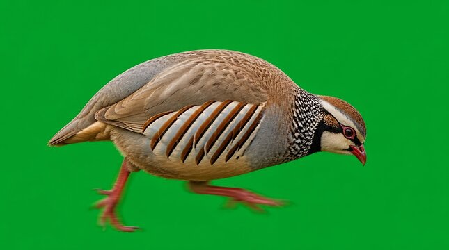 Chukar Partridge Bird Running Across Green Screen Background, Wildlife Game Bird Isolated for Compositing