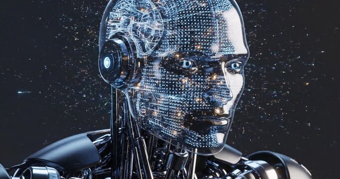 Futuristic humanoid robot with sparkling digital particles in a dark environment