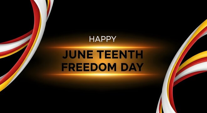 Happy juneteenth freedom day greeting card with abstract red, white, and yellow flowing ribbons on a black background with glowing light effect