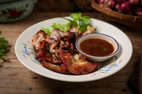 Thai grilled pork chitterlings served with spicy dipping sauce.