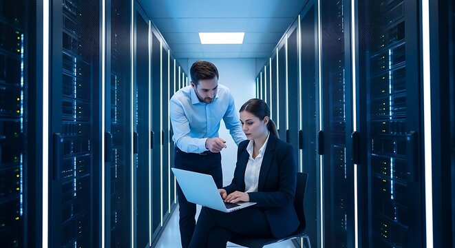IT technicians troubleshoot server issues using a laptop in a modern data center aisle. Professional lighting highlights technical collaboration. Ideal for cloud computing service marketing.