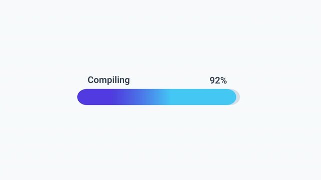 Animated progress bar displaying code compiling status and completion percentage on a minimal interface. Ideal for software development, programming, application building, coding workflows, and techno