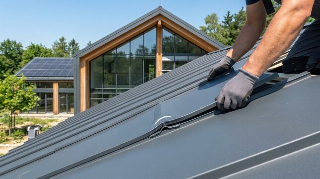 Worker installing interlocking metal roofing panels on a modern residential building under a clear sky