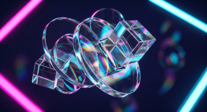 Geometric 3D abstract glass composition framed by glowing neon light borders