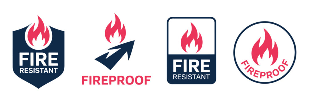 Fireproof icon set with fire resistant symbols, flame protection signs, safety elements for industrial, construction, emergency response systems, and hazard prevention design 