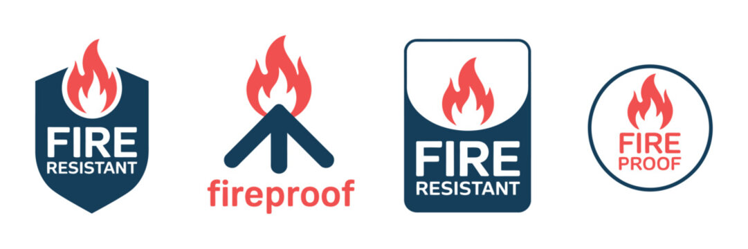 Fireproof icon set featuring flame resistance symbols, fire safety protection signs, industrial safety elements, construction warning icons, and emergency preparedness vector pictograms for profession