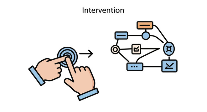 Hands pressing button leading to complex diagram, intervention concept