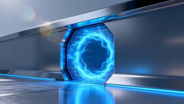 Futuristic blue energy portal in metallic structure