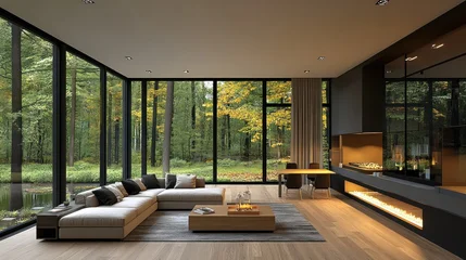 Modern living room with forest views © TITISCAHYA