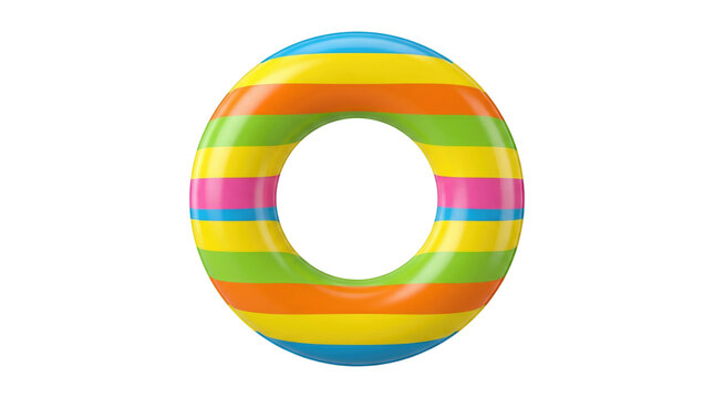 Colorful striped inflatable swim ring with orange, yellow, green, blue and pink bands on a transparent background
