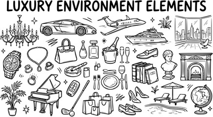 Luxury Lifestyle Environment Elements Black White Line Art Collection - Hand-Drawn Symbols of Wealth, Status, and Exclusive Living © evalova