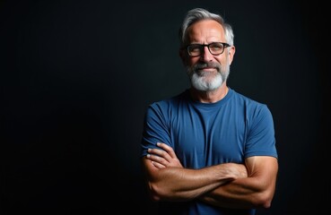 Obraz premium Mature man with grey beard glasses and blue t-shirt. Adult poses with arms crossed in studio. Confident person has thoughtful serious facial expression. Male has beard and gray hair.