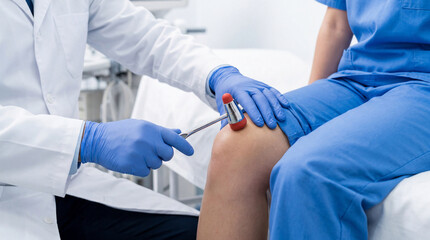 Obraz premium A doctor performs a knee reflex test on a patient for a medical examination in a clinic setting