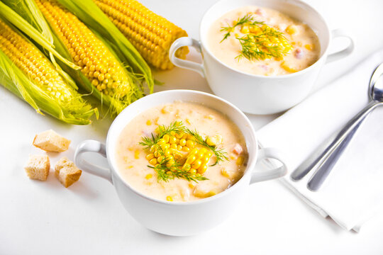 Delicious creamy corn soup in a bowl. Autumn food. Harvest concept